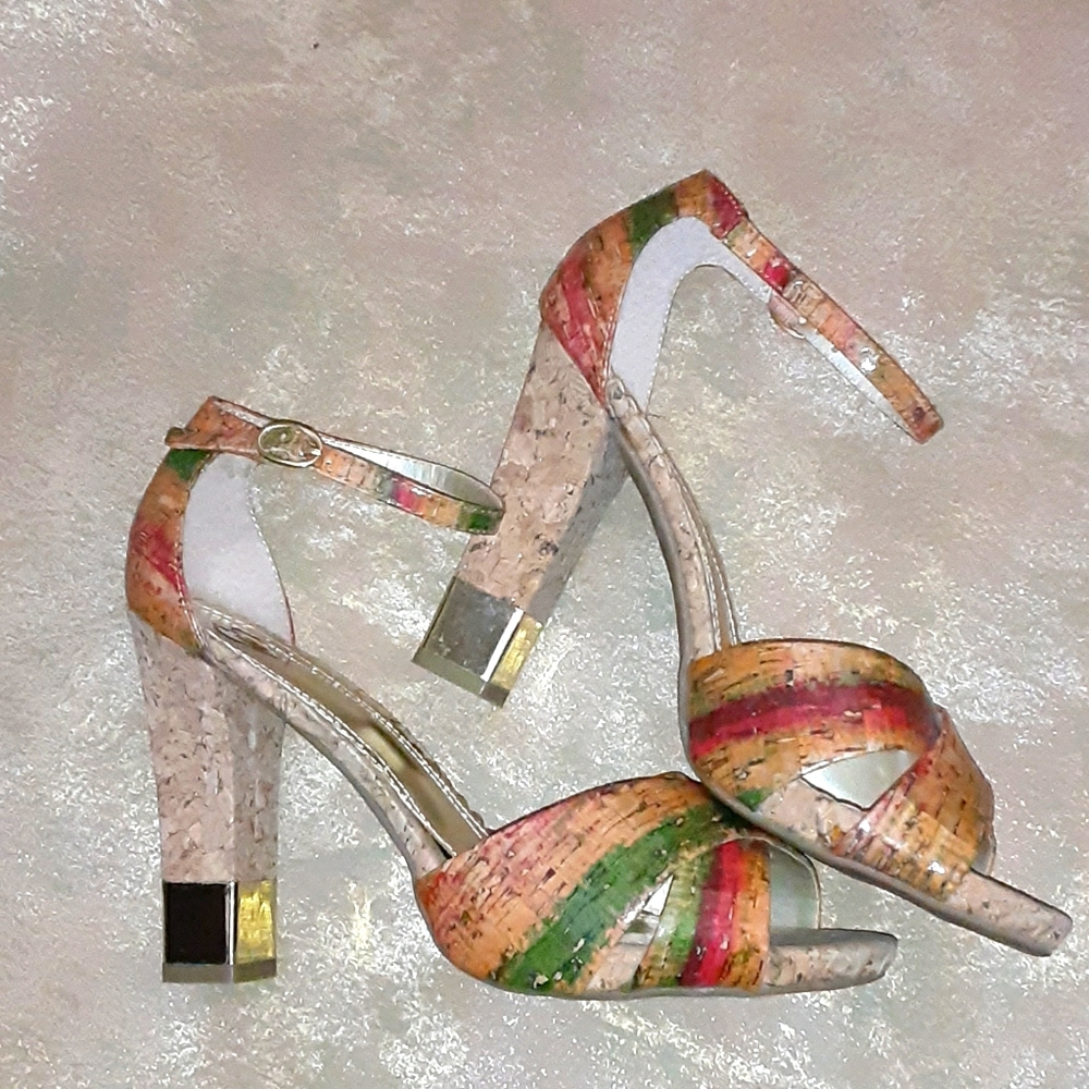 Chunky cork bottom open toe heels